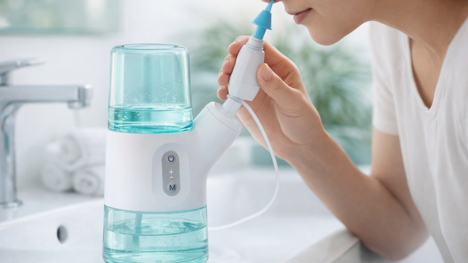 Person using a nasal cleaning device with a clear container on a bathroom counter.
